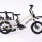 Roxform PORTO S electric longtail cargo bike in Cream, side view, fitted with the Family Pack caboose and two Urban Iki junior seats [addon:family-pack-caboose-footrest-without-cushion] [addon:junior-seat-with-carrier-mount-bincho-black-bincho-black|2]