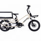 Roxform PORTO S electric longtail cargo bike in Cream, side view, fitted with the Family Pack caboose and two cushion seats [addon:family-pack-caboose-footrest-without-cushion] [addon:longtail-cargo-bike-cushion|2]