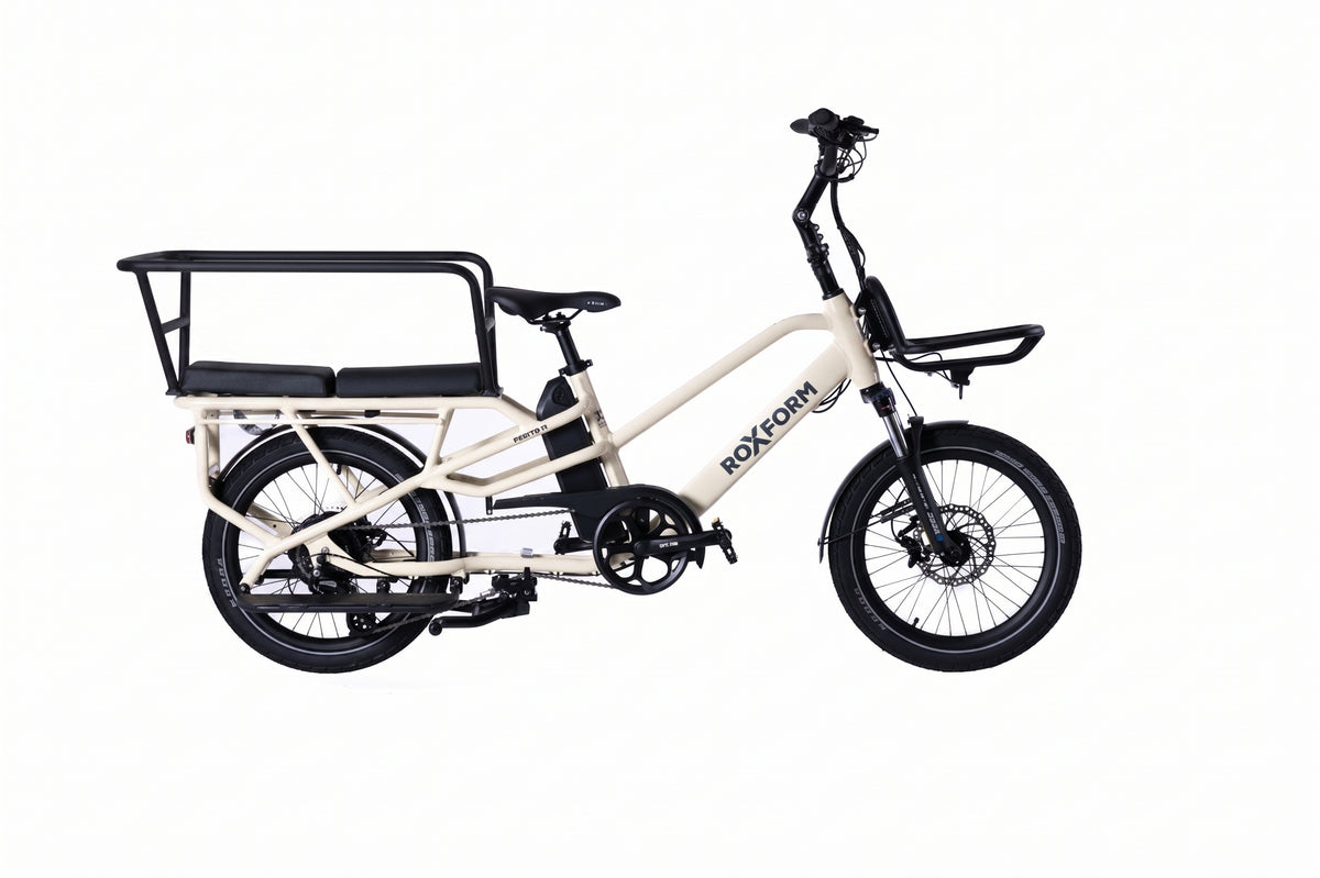 Roxform PORTO S electric longtail cargo bike in Cream, side view, fitted with the Family Pack caboose and two cushion seats [addon:family-pack-caboose-footrest-without-cushion] [addon:longtail-cargo-bike-cushion|2]